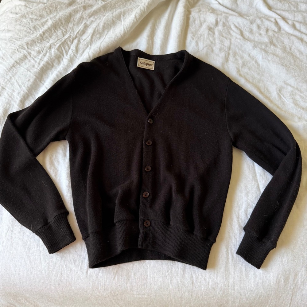 70's Campus Vintage Black V-Neck Button Front Cardigan Sweater Made in USA M/L - Picture 5 of 7